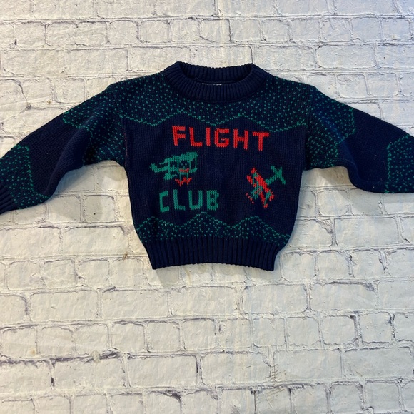 VINTAGE HOT FUDGE BABY/TODDLER FLIGHT CLUB AIRPLANE SWEATER NAVY/RED/GREEN - Picture 2 of 8